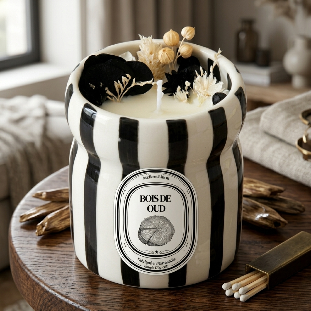 Bougie Pot Rayé Noir- Bois de Oud – Image 2