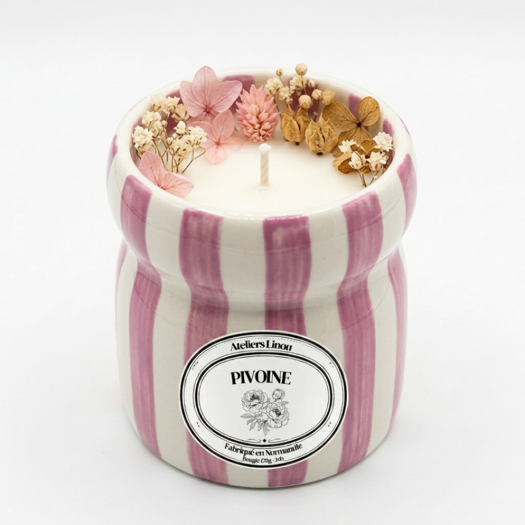Bougie Pot Rayé Rose – Pivoine