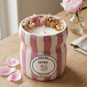 Bougie Pot Rayé Rose – Pivoine