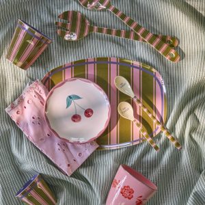 Plat Melamine Rectangulaire – Rayure Kaki/Rose