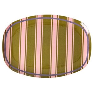 Plat Melamine Rectangulaire – Rayure Kaki/Rose