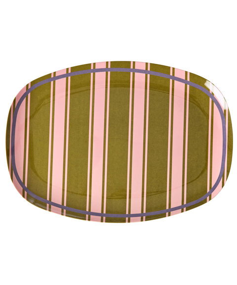 Plat Melamine Rectangulaire – Rayure Kaki/Rose